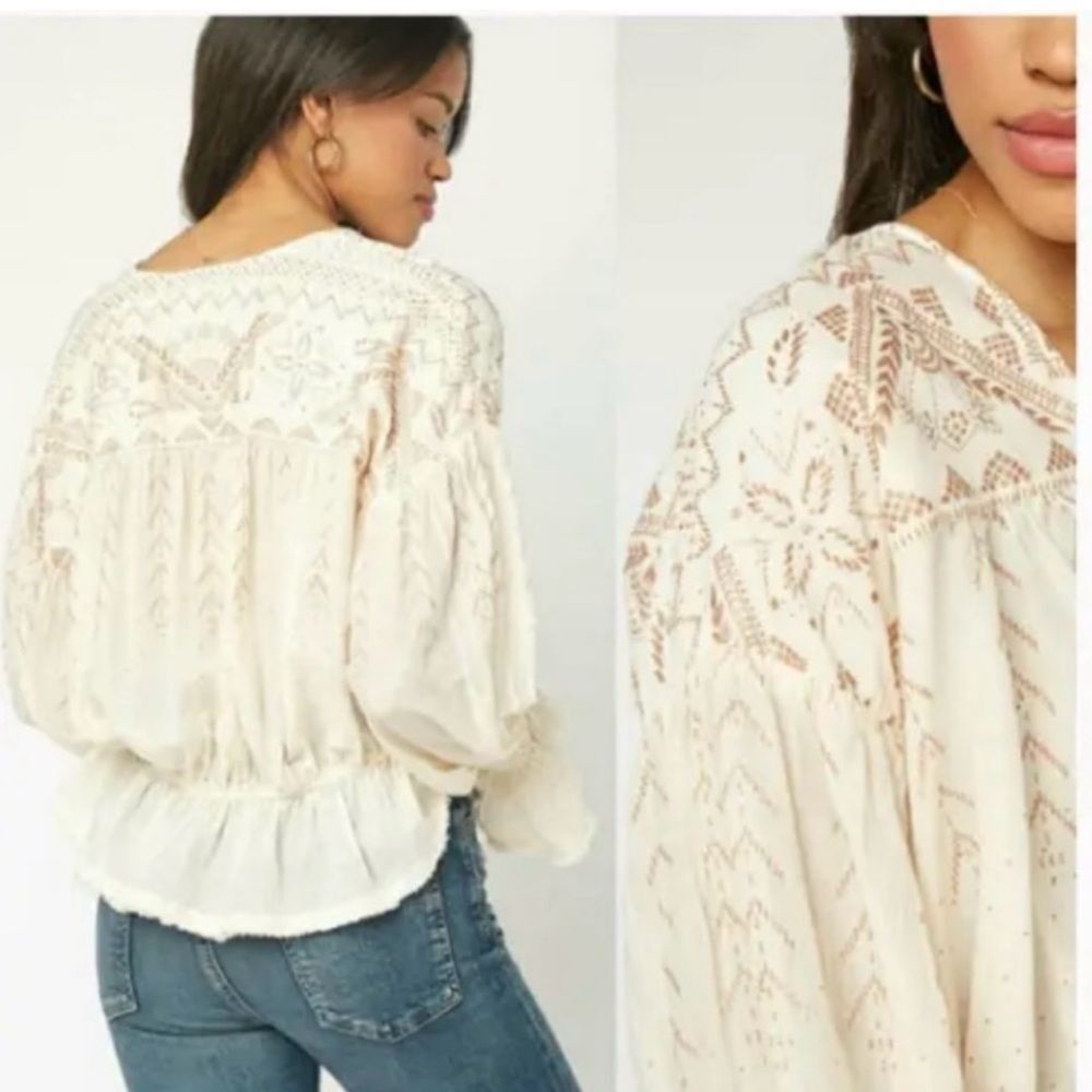 Free People Women Peasant Blouse XS-S Ivory Gold Long Sleeve Boho Western